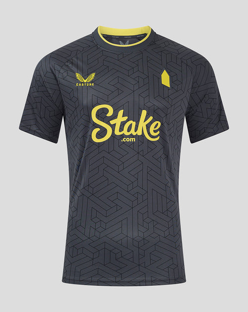 Everton Pro Away Shirt front in dark geometric jacquard with yellow crest and Stake sponsor