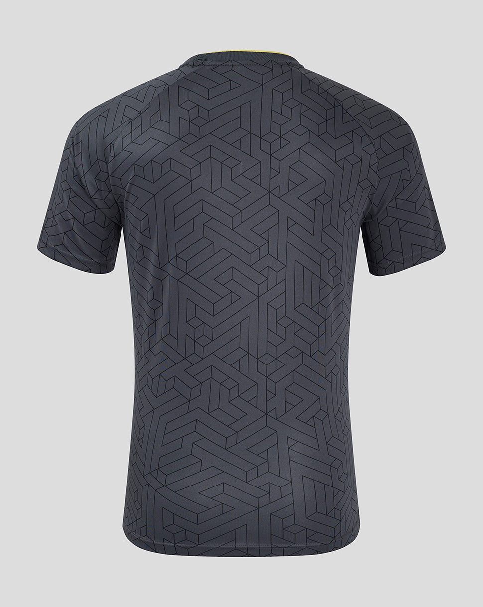 Back view of the Everton away shirt in dark geometric jacquard with yellow collar trim