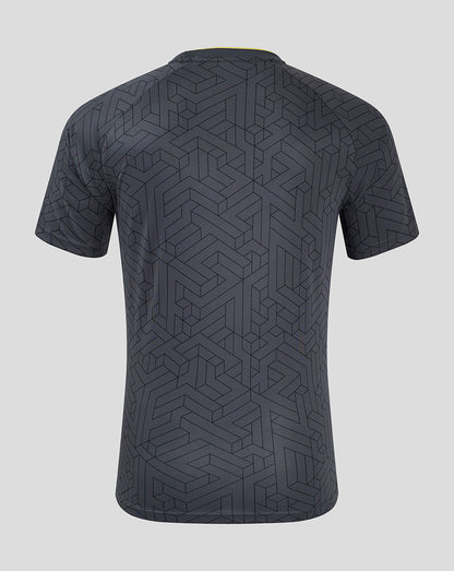 Back view of the Everton away shirt in dark geometric jacquard with yellow collar trim
