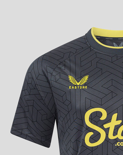 Everton away shirt in dark navy with geometric pattern, yellow crest on left chest and Stake.com sponsor across the front.
