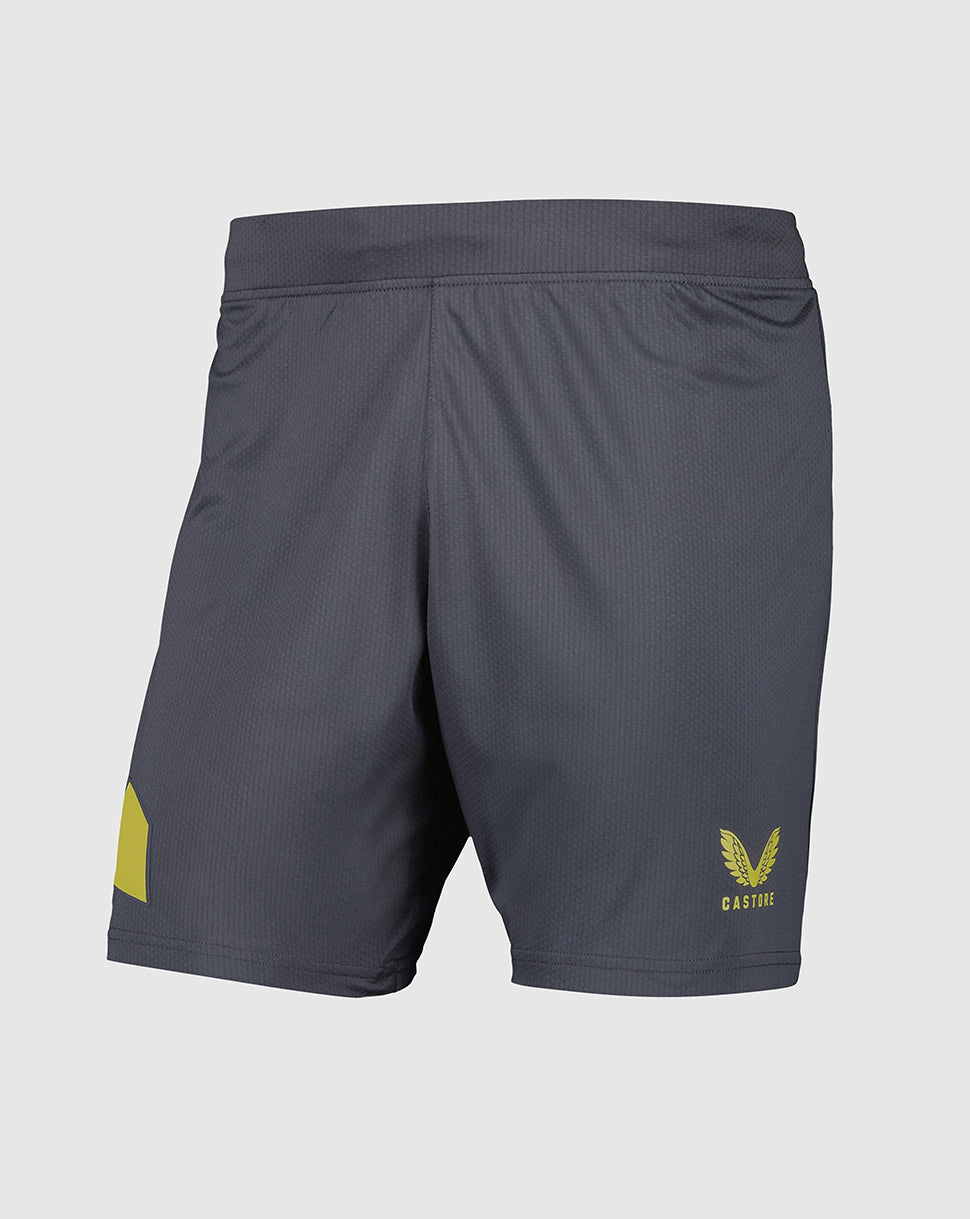 Everton away shorts in dark charcoal with yellow crest on the right thigh and a yellow panel on the left leg