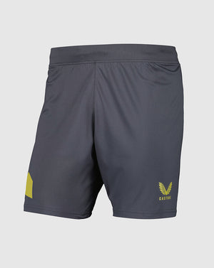 Everton away shorts in dark charcoal with yellow crest on the right thigh and a yellow panel on the left leg