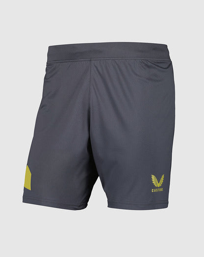 Everton away shorts in dark charcoal with yellow crest on the right thigh and a yellow panel on the left leg