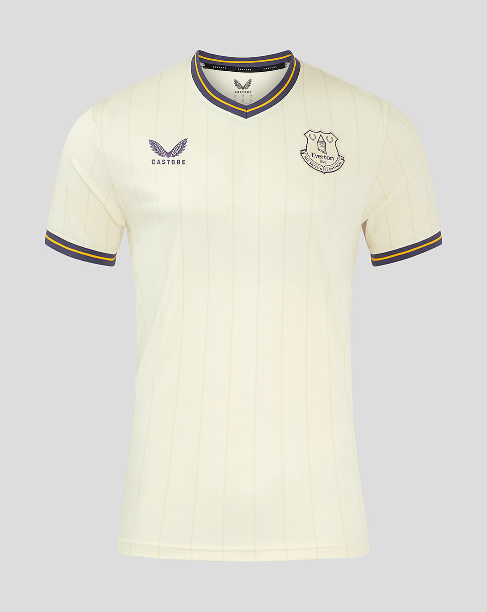Junior Everton 24/25 third shirt in cream with vertical stripes and crest and Castore logo on chest