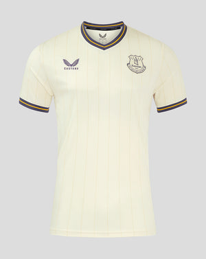 Junior Everton 24/25 third shirt in cream with vertical stripes and crest and Castore logo on chest