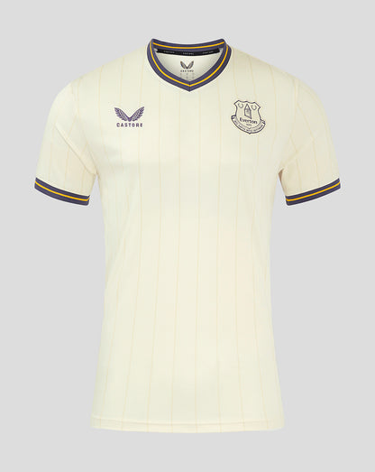 Junior Everton 24/25 third shirt in cream with vertical stripes and crest and Castore logo on chest