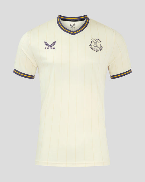 Junior Everton 24/25 third shirt in cream with vertical stripes and crest and Castore logo on chest