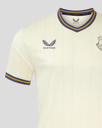 Everton Junior 24/25 third shirt in pale cream with vertical stripes and chest crest