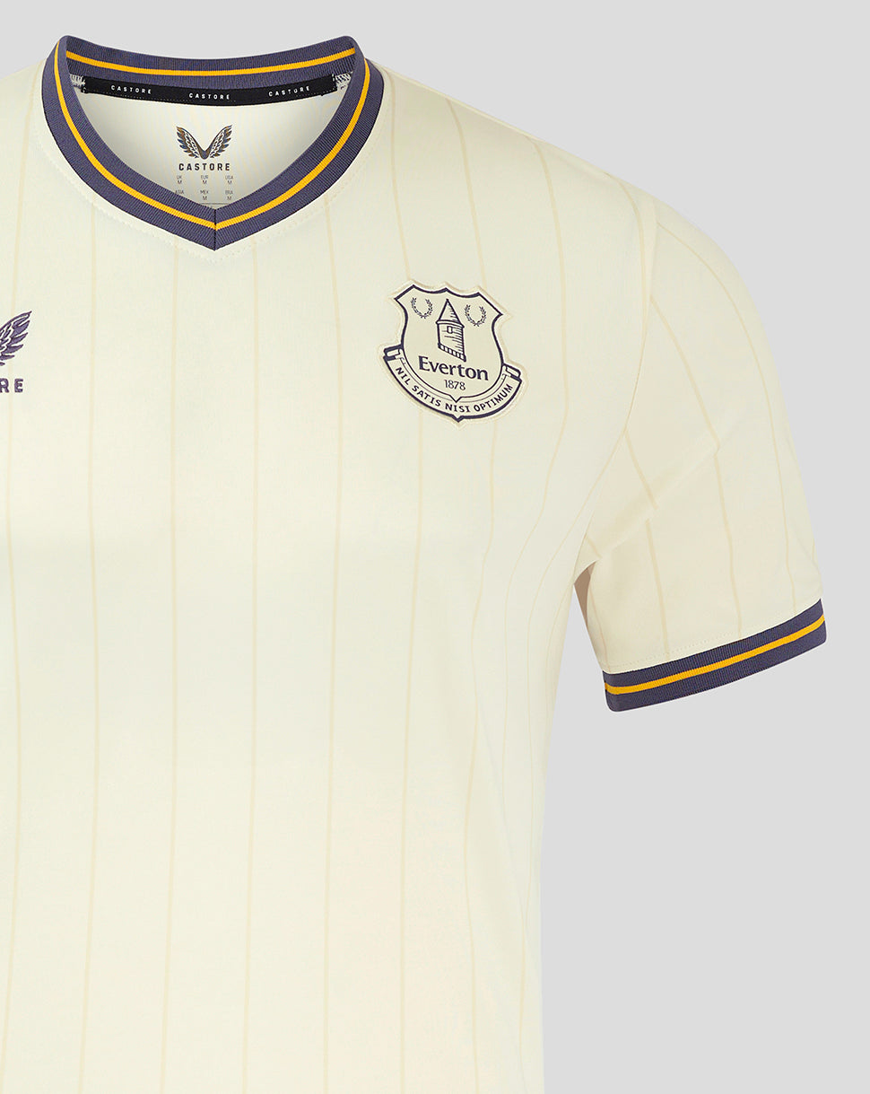 Front view of Everton Junior 24/25 third shirt with crest on the left chest and purple yellow collar trim