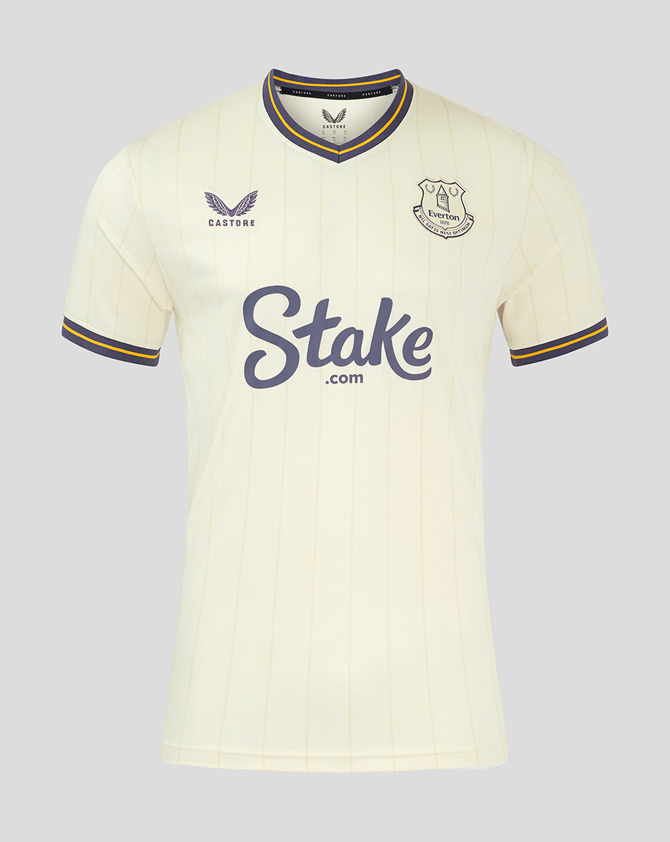Front view of Everton Women 24/25 Third Shirt in pale cream with pinstripes, crest left chest and Stake sponsor.