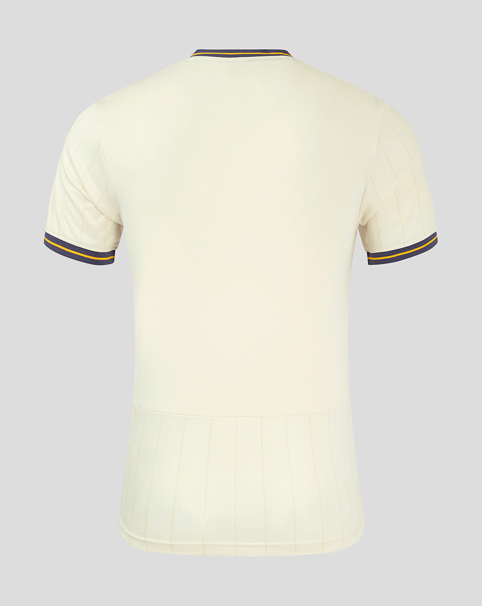 Back view of cream Everton 24/25 third shirt showing pale fabric and subtle vertical stripe detailing at the lower back hem.