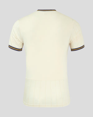 Back view of cream Everton 24/25 third shirt showing pale fabric and subtle vertical stripe detailing at the lower back hem.
