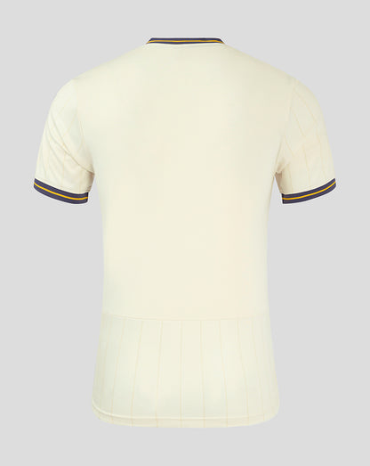 Back view of cream Everton 24/25 third shirt showing pale fabric and subtle vertical stripe detailing at the lower back hem.