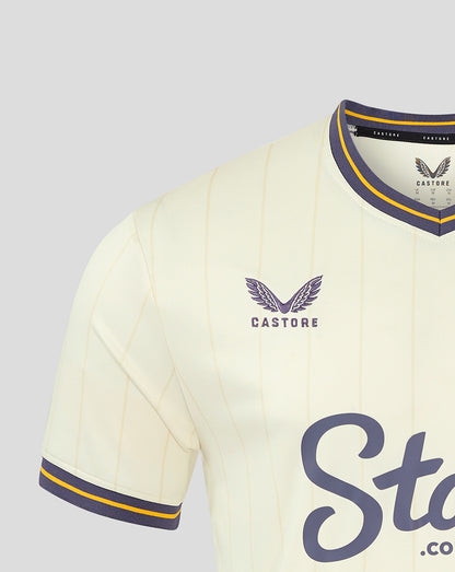 Close up of Everton 24/25 third shirt in cream with subtle pinstripes and purple yellow collar trim