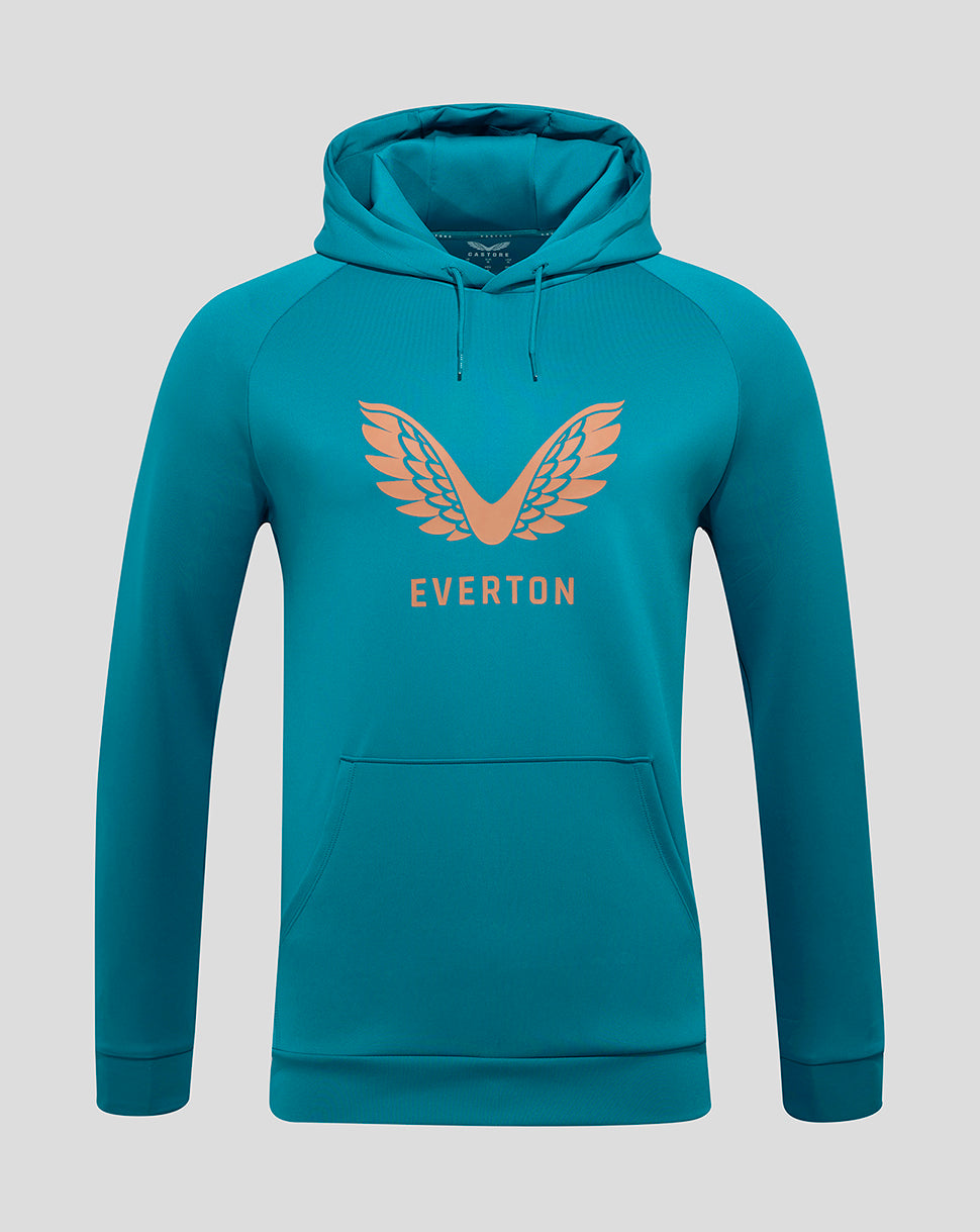 Teal Everton training hoodie with large peach wing logo and Everton text on the chest.
