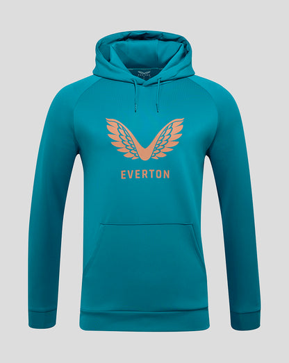 Teal Everton training hoodie with large peach wing logo and Everton text on the chest.