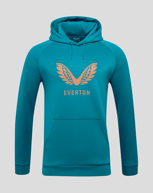 Teal Everton training hoodie with large peach wing logo and Everton text on the chest.