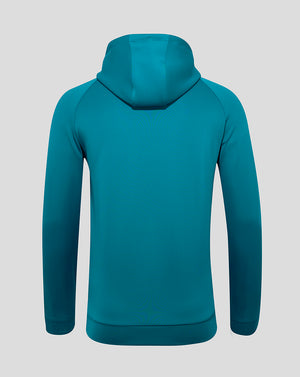 Back view of teal Everton 24/25 training flex hoodie with hood and ribbed hem.