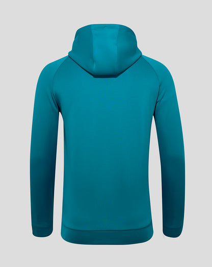 Back view of teal Everton 24/25 training flex hoodie with hood and ribbed hem.
