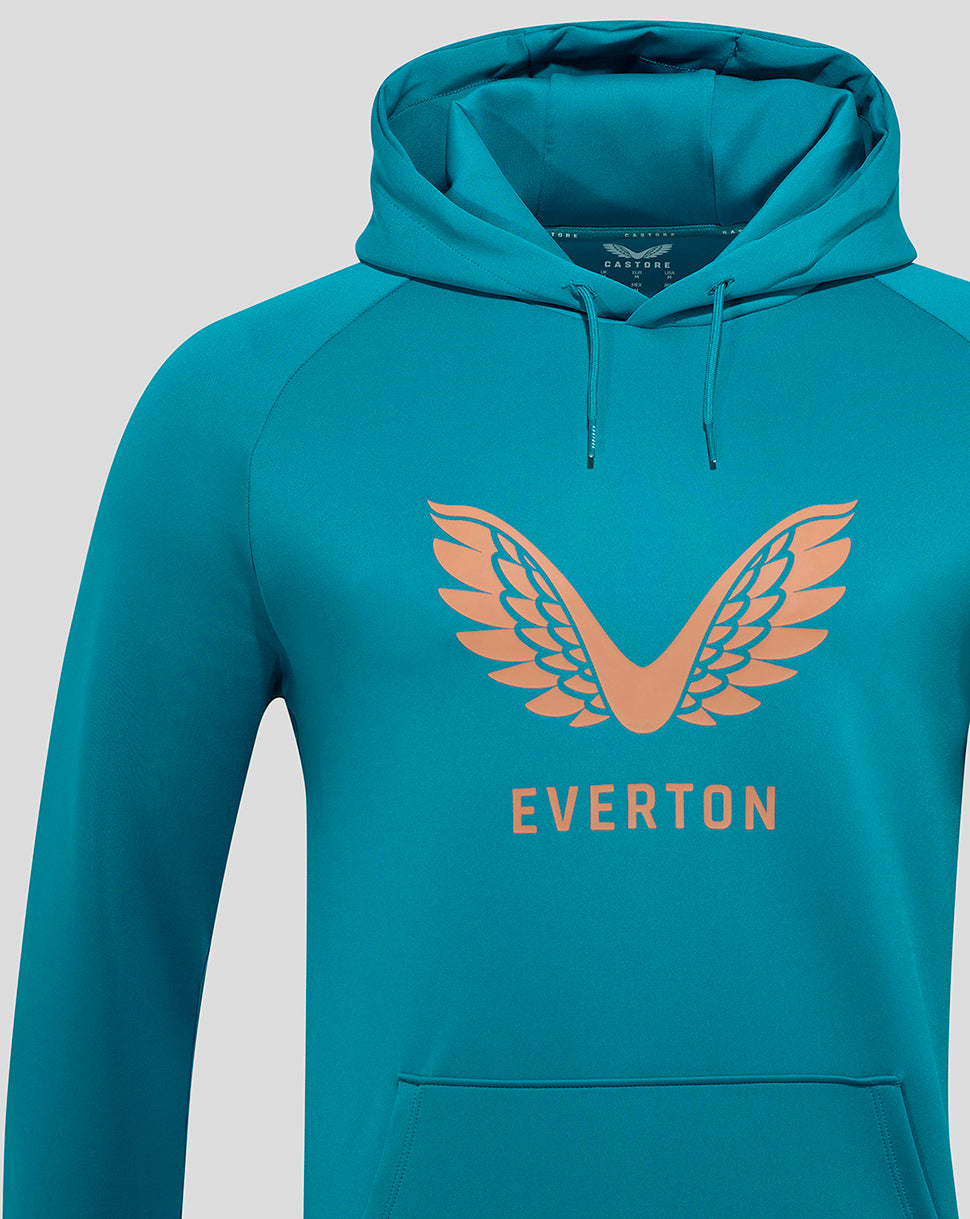 Teal hoodie with peach wing crest and EVERTON wordmark on the chest.