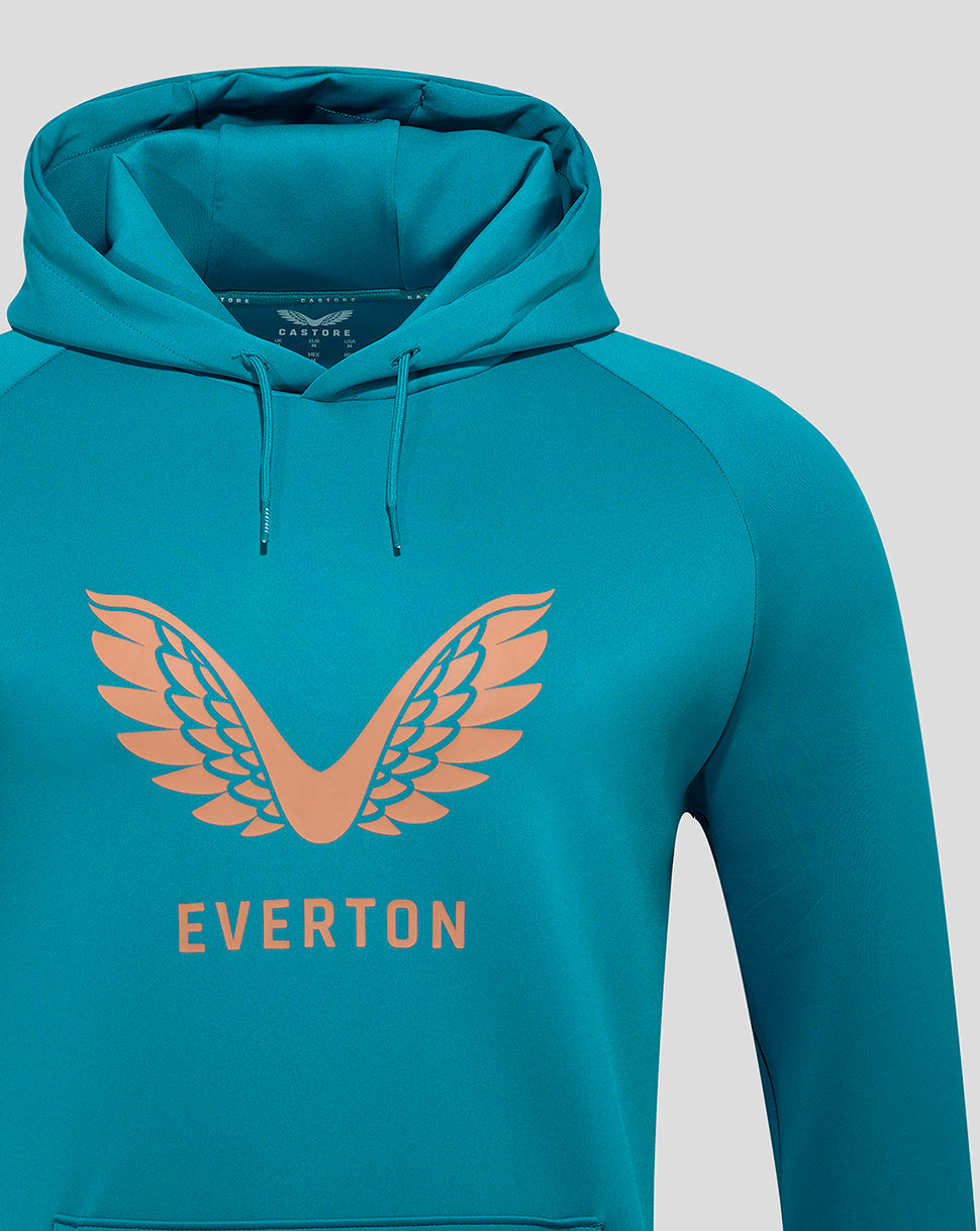 Close-up of teal hoodie hood with drawstrings and the peach Everton wing logo on the chest.