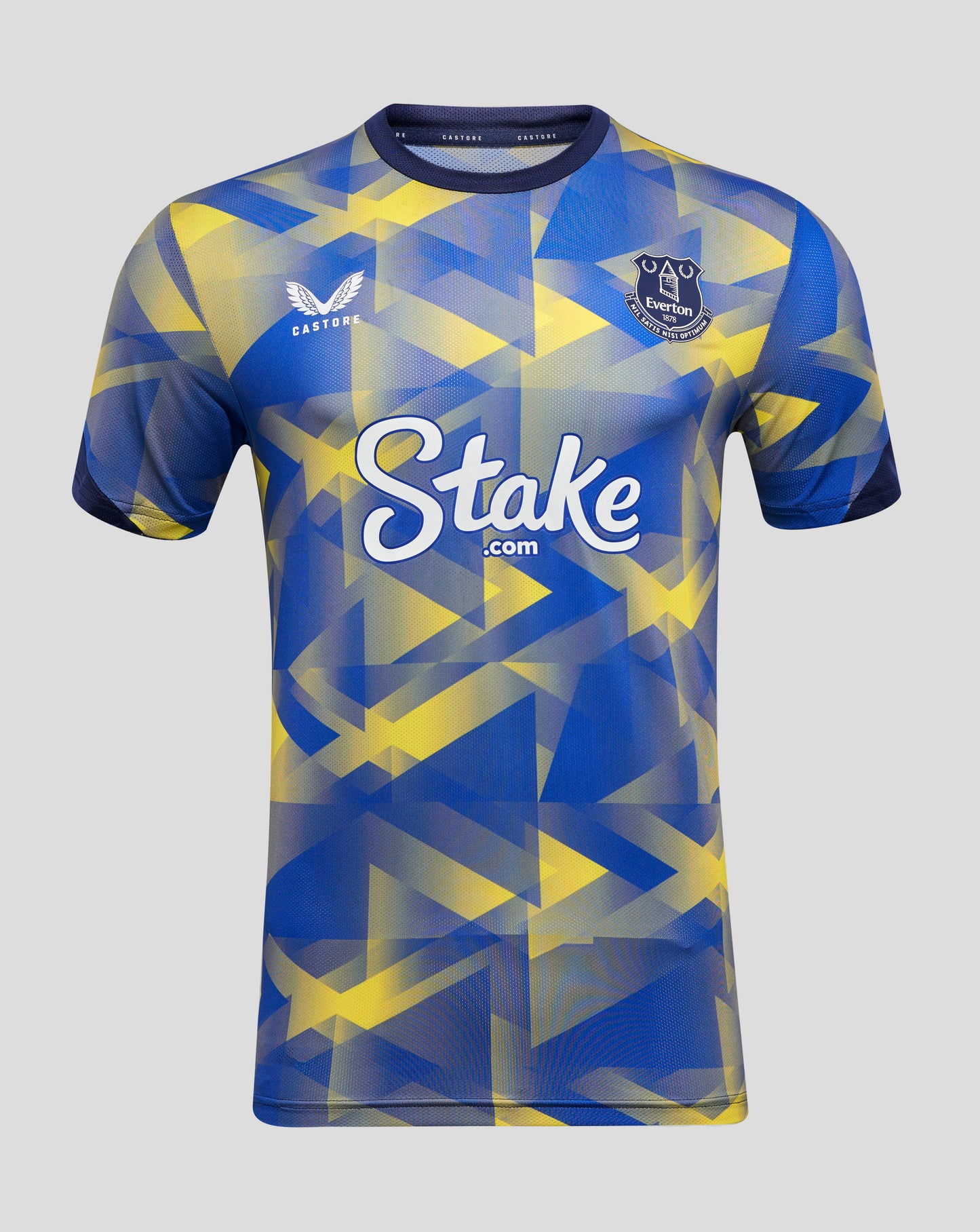 Front view of Everton 24/25 Third Matchday T Shirt with blue yellow geometric pattern and club crest on chest