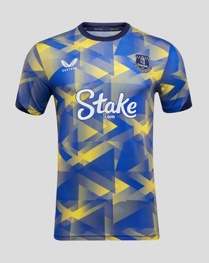 Front view of Everton 24/25 Third Matchday T Shirt with blue yellow geometric pattern and club crest on chest