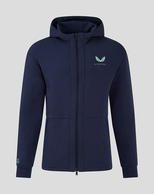 Navy blue men's hooded travel jacket with full front zipper and turquoise wing logo on the chest.