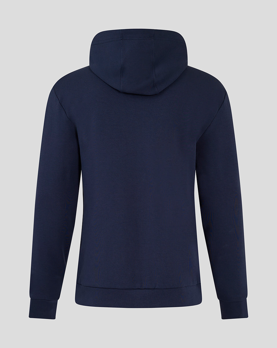 Rear view of navy blue hooded travel jacket showing an attached hood and smooth back.