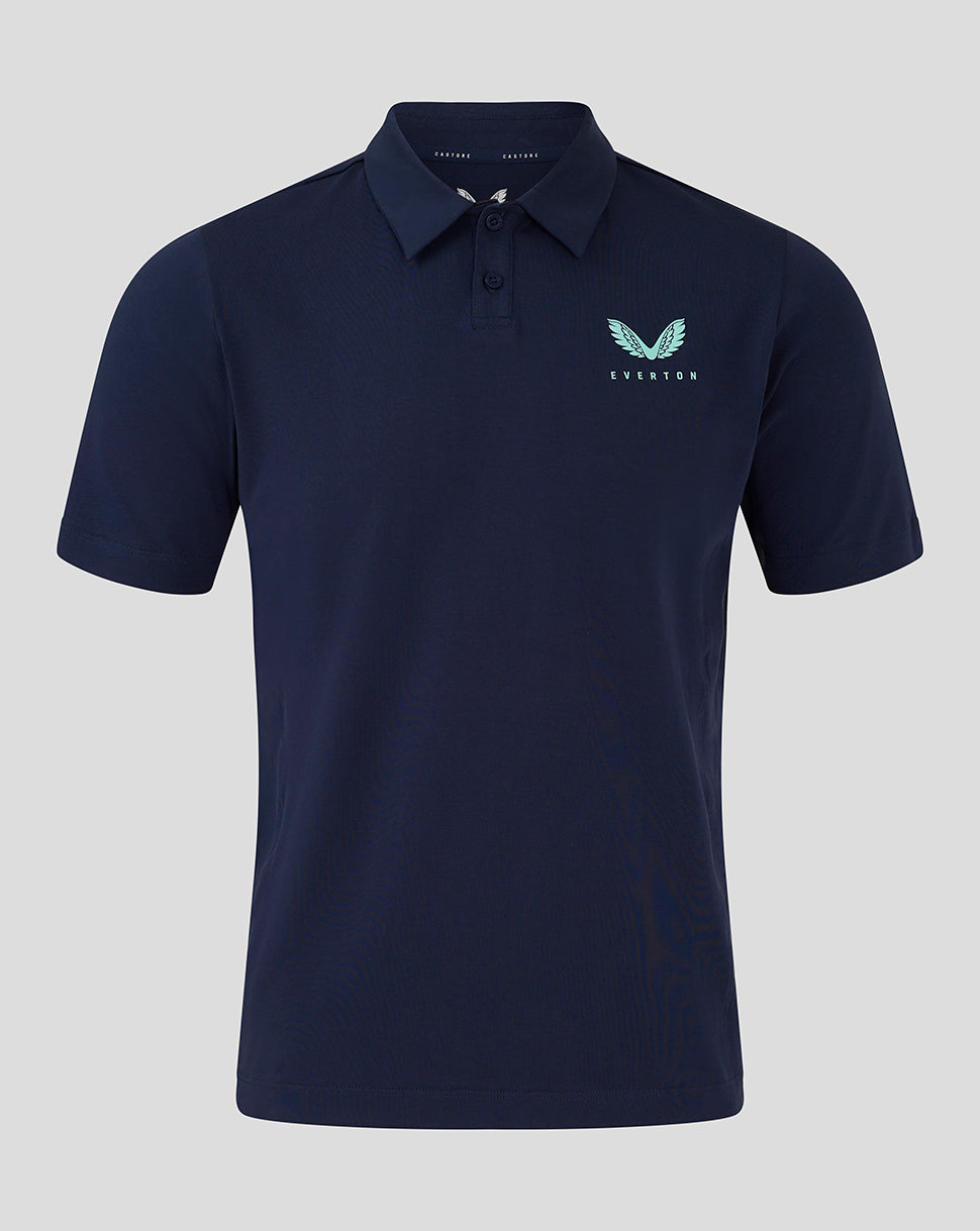 Navy Everton 24/25 men's travel polo with turquoise wing logo on left chest.