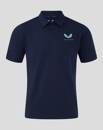 Navy Everton 24/25 men's travel polo with turquoise wing logo on left chest.
