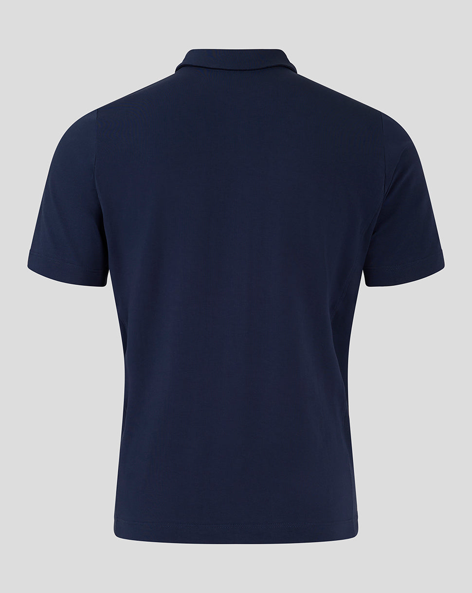 Back view of navy Everton 24/25 men's travel polo with short sleeves