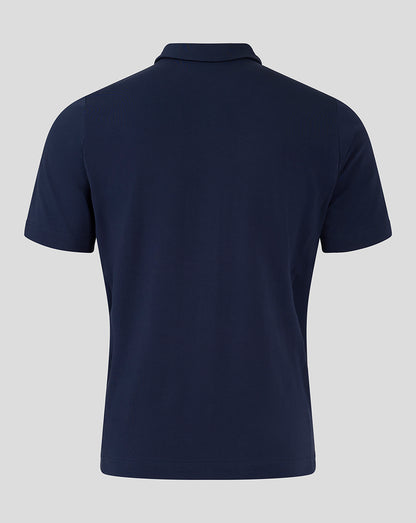 Back view of navy Everton 24/25 men's travel polo with short sleeves
