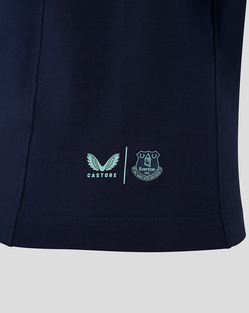 Navy Everton 24/25 men's travel polo lower front hem with Castore and Everton logos