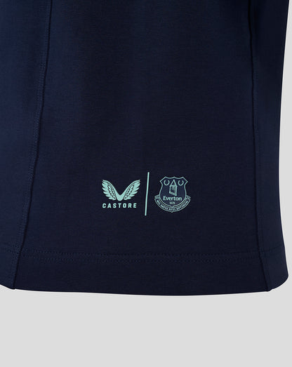 Navy Everton 24/25 men's travel polo lower front hem with Castore and Everton logos