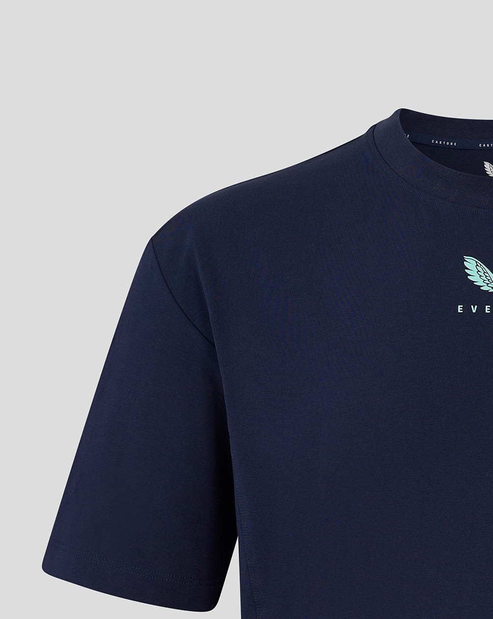 Close-up of navy Everton 24/25 Women's Travel Tee chest area showing pale blue wing graphic