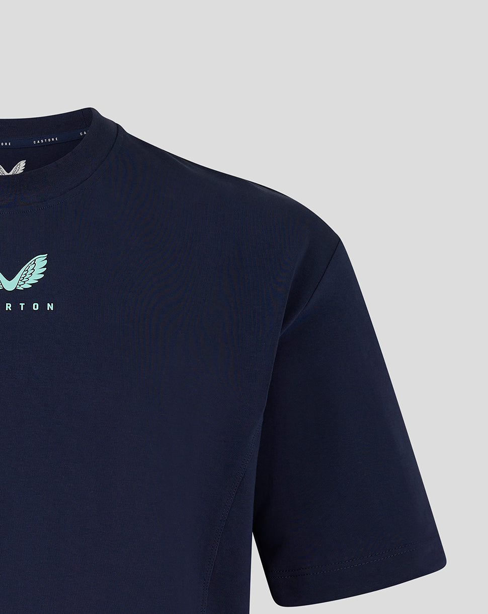 Shoulder and chest close-up of navy Everton 24/25 Women's Travel Tee with wing emblem on the left chest