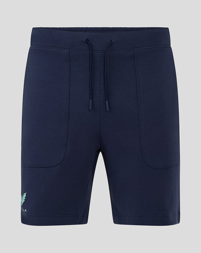 Front view of navy Everton 24/25 travel shorts with drawstring waist and front patch pockets