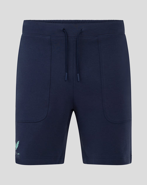 Front view of navy Everton 24/25 travel shorts with drawstring waist and front patch pockets