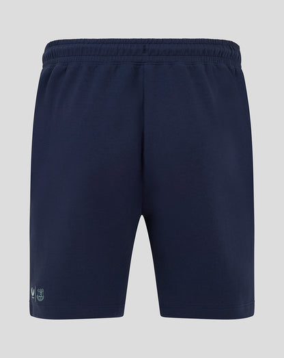 Back view of navy Everton 24/25 travel shorts with elastic waistband and logo at the bottom left