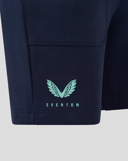 Navy travel shorts with mint Everton wing logo and Everton wordmark on the left leg.