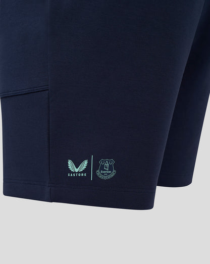 Navy Everton travel shorts hem with Castore and Everton logos near the bottom