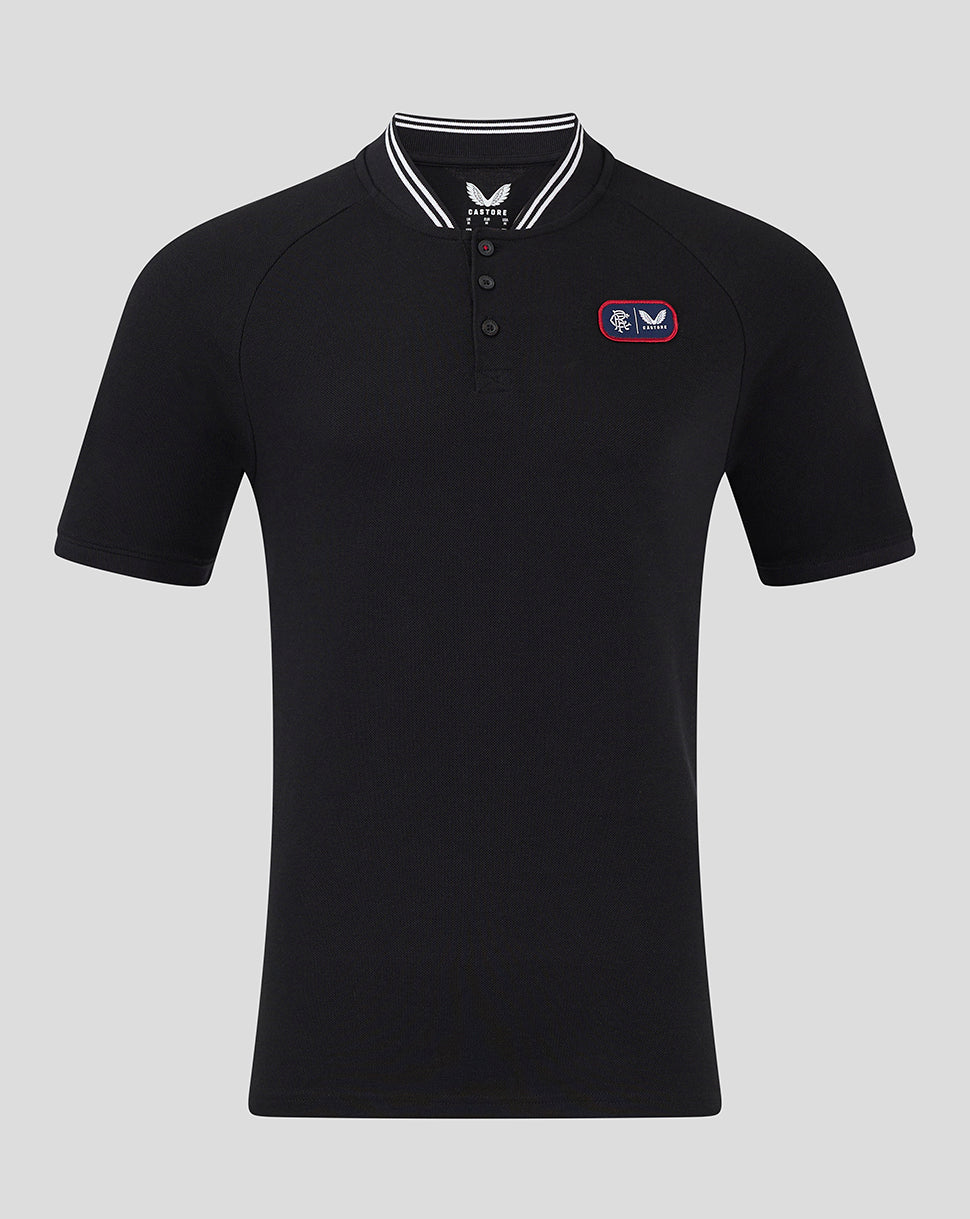 Black Rangers FC cotton polo with bomber collar and white striped trim, left chest club badge patch