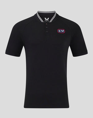 Black Rangers FC cotton polo with bomber collar and white striped trim, left chest club badge patch
