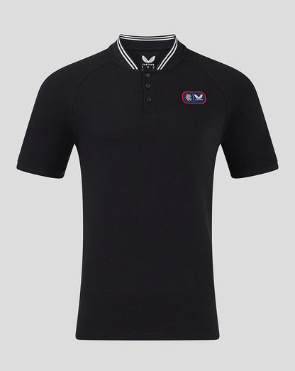 Black Rangers FC cotton polo with bomber collar and white striped trim, left chest club badge patch