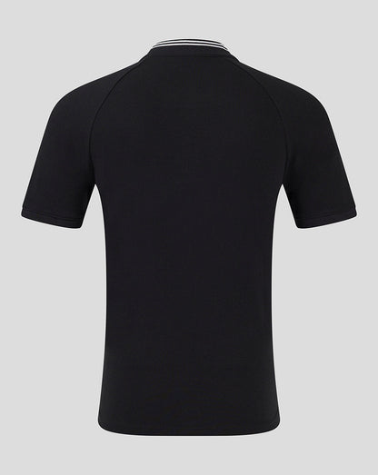 Back view of black Rangers polo with white striped rib collar