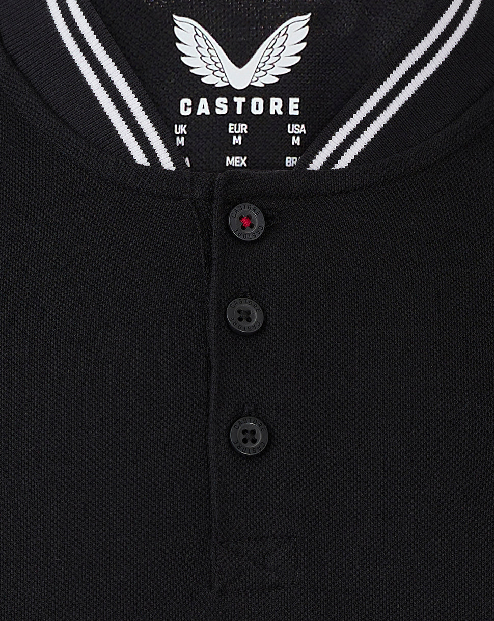 Front view of Rangers polo in black with three-button placket and striped collar edge