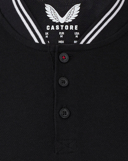 Front view of Rangers polo in black with three-button placket and striped collar edge
