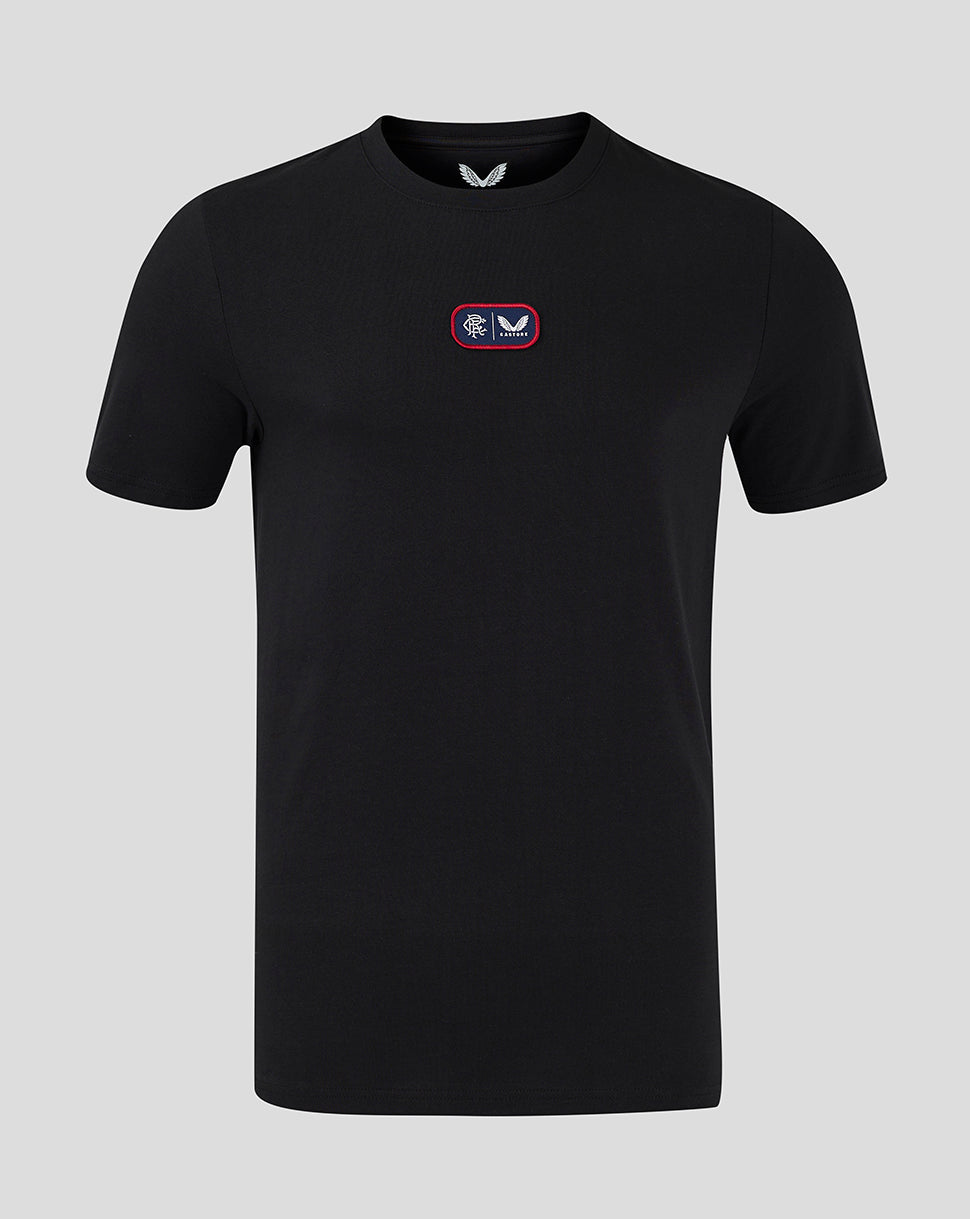 Black Rangers cotton T shirt with small chest badge featuring Rangers crest and Castore