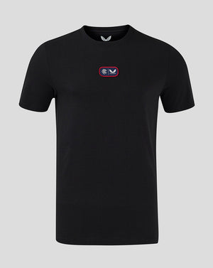 Black Rangers cotton T shirt with small chest badge featuring Rangers crest and Castore